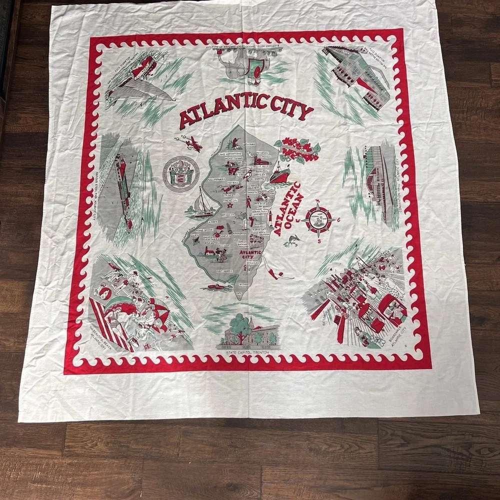 Vintage Mid‎ Century MCM Tablecloth Atlantic City Nani RARE 48 X 52